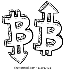 Doodle style Bitcoin digital currency symbol with arrows up and down to indicate inflation, deflation, evaluation, or devaluation as economic indicators. Vector format.