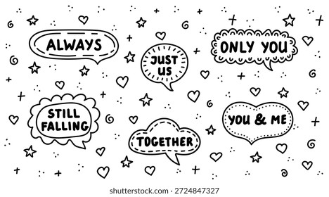 Doodle-Stil schwarzen Sprechblasen mit romantischen Phrasen Immer, Just Us, Only You, für Valentinstag Grußkarte. Vektorgrafik
