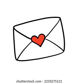 Doodle style black and white envelope with red heart stamp isolated on white. Romantic mail icon. Vector illustration.