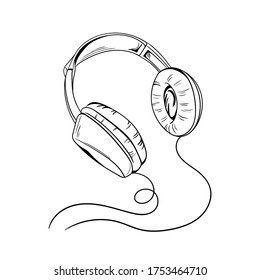 Doodle style black and white headphones. Line art. Sketch hand drawn. Graphics