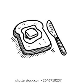 Doodle style black and white illustration of a toast with a melting butter square and a knife. Perfect for breakfast themes, bakery designs, or food related hand drawn artwork collections.