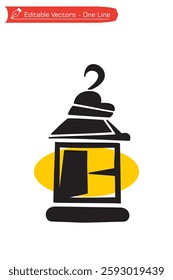 Doodle style black and white lantern drawing with the shape of a house, window, roof, clouds, moon as a hook. Vector illustration of a cartoon lantern icon in the shape of a house.