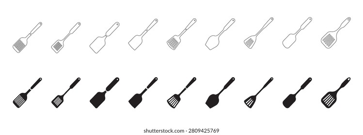 Doodle style black and white set featuring various common kitchen utensils and cooking tools, including spatulas, turners, and a spoon. Illustrated black and white spatulas set, vector illustration.