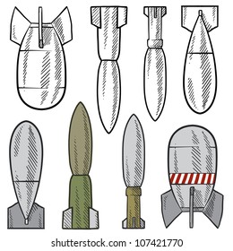 Doodle style bomb, shell, and explosive illustration in vector format.  Set includes a variety of types that might be dropped from planes, shot from cannons or guns, and used by tanks.