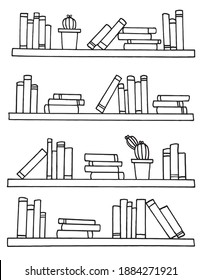 Doodle style bookshelves for notebooks, posters, postcards. Books on the shelf. Vector EPS 10