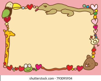 doodle style border in Valentine theme consists of red and pink heart symbols, colorful bubbles and many kinds of cartoon animals (toucan, lizard, chicken, giraffe, frog, bear and earthworm) 