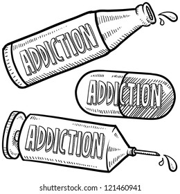 Doodle style bottle, syringe and pharmaceutical sketch with addiction text message on them.  Vector format.