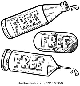 Doodle style bottle, syringe and pharmaceutical sketch with free message on them to indicate being free of drugs and alcohol, or that those items are being given away.  Vector format.