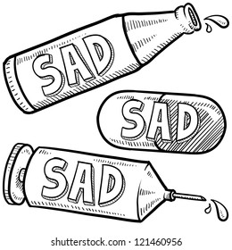 Doodle style bottle, syringe and pharmaceutical sketch with sad text message to indicate the perils of addiction, the need for treatment, or depression with medical problems.  Vector format.
