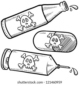 Frasco, jeringa y boceto farmacéutico de estilo Doodle con el símbolo del cráneo y los huesos cruzados para indicar efectos nocivos o nocivos para la salud.  Formato vectorial.