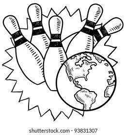 Doodle style bowling with the globe sketch in vector format