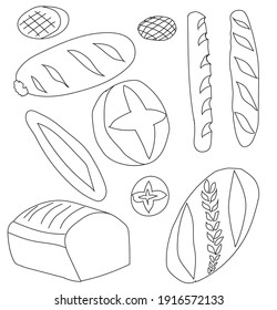 Doodle style bread set to advertise bakery or bakery products. Vector stock illustration isolated on white background.