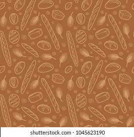 Doodle style breads and baguettes vector bakery seamless pattern