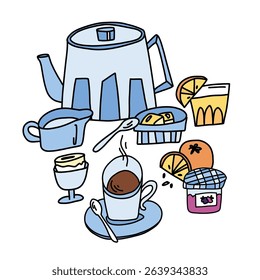 Doodle style breakfast coffee or tea set with teapot, tea, butter, egg and jam jar