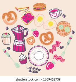 Doodle style breakfast food limited palette eggs coffee muffins pretzel bacon burger  waffles plate fork spoon berry jam toast home-made. Vector