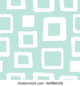 Doodle style brush drawn rectangles, squares, cubes seamless vector pattern. Mint green and white geometric background. Abstract hand drawn texture. Various frames or windows with rough, uneven edges.