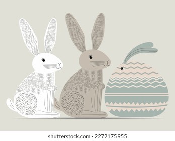 Doodle Style Bunnies Characters On Gray Background.