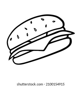 Doodle style burger in color with hand drawn line sesame seeds