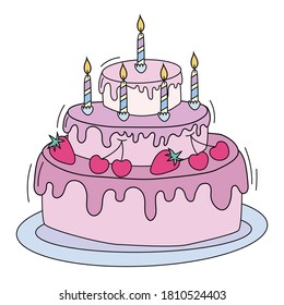 Pastel estilo Doodle aislado en un fondo blanco. Feliz pastel de cumpleaños colorida ilustración vectorial plana. Se puede usar para el diseño de tarjetas de felicitación y web.