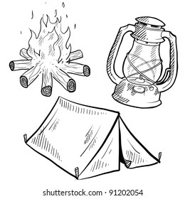 Doodle style camping equipment illustration in vector format suitable for web, print, or advertising use. Includes lantern, campfire, and tent. svg