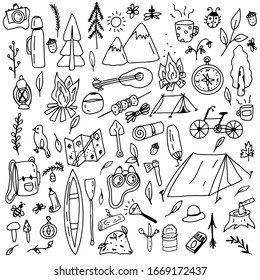 Doodle style camping set. Camping, hiking on an isolated white background. Nature, forest recreation, sport. Stock vector illustration.