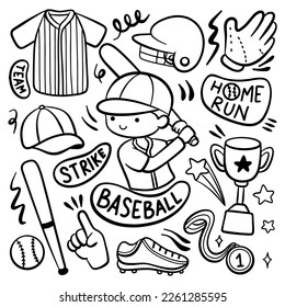 Doodle Style Cartoon Baseball Player and Equipment 
