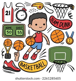 Doodle Style Cartoon Basketball Player and Equipment 