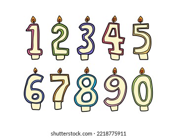 Doodle style cartoon birthday candles numbers collection isolated on white background. Bright colorful outline burning candle numbers for anniversary celebration cake decoration. Hand drawn icon set.