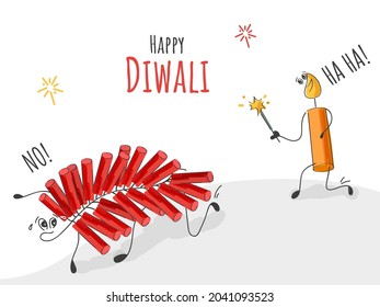 Doodle Style Cartoon Candle Running Behind Firecracker Stripe On The Occasion Of Happy Diwali Celebration.
