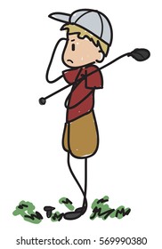 Doodle style cartoon golf player unhappy with his strike