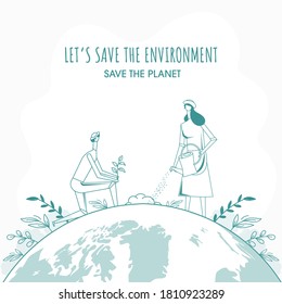 Doodle Style Cartoon Man and Woman Gardening on Earth Globe Background for Save The Environment & Planet Concept.