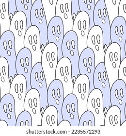 Doodle Style Cartoon Vector Ghost Cute and Hollow with monochrome colors seamless pattern illustration, suitable for print fashionable pyjamas womanswear, kidswear , decorative wrappingpaper wallpaper