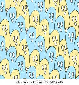 Doodle Style Cartoon Vector Ghost Cute and Hollow with monochrome colors seamless pattern illustration, suitable for print fashionable pyjamas womanswear, kidswear , decorative wrappingpaper wallpaper