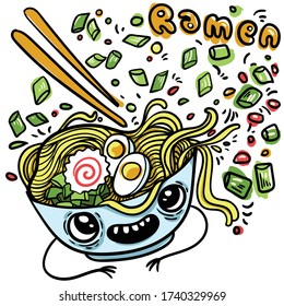 Doodle style cartoon vector illustration. Hand drawn cute food. Kawaii face. Funny ramen bowl.