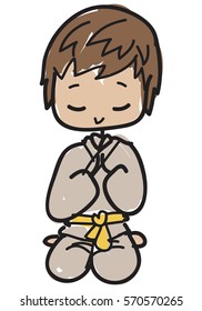 Doodle style cartoon young karateka with yellow belt kneeling to greet before or after a lesson