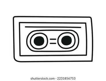Doodle style cassette. Listening to music and audio files. Inventory for radio and tape recorder, cartridge. Gadgets and devices. Poster or banner for website. Cartoon flat vector illustration
