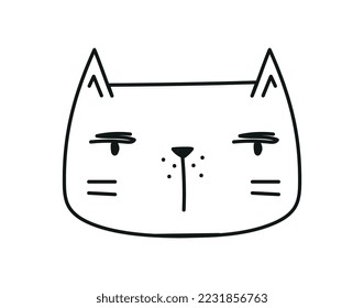 Doodle style cat head. Charming character, toy or mascot for children. Animals, pet, nature and fauna. Poster or banner for website. Stylish logotype, branding. Cartoon flat vector illustration