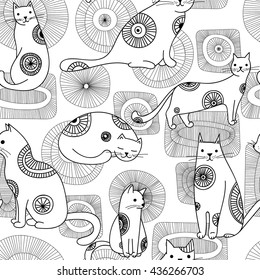 Doodle style cats and circles background. Abstract hand drawn seamless pattern.