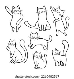 Gatos estilo doodle con poses diferentes. Libro de colorear gato. Gatos en líneas delgadas