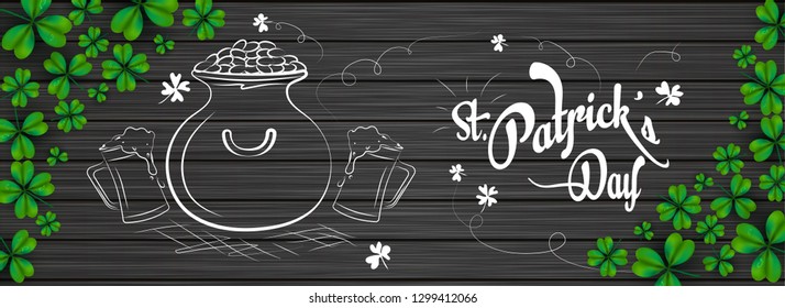 Doodle style cauldron with beer mugs illustration on black wooden background decorated with clover leaves for St Patricks Day header or banner design.