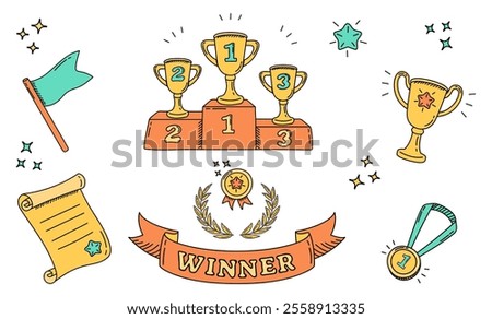 Doodle style champion awards set. Hand drawn sports trophies. Winner element icons.