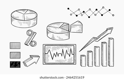 Doodle-Stil-Diagramme, Diagramme und Plotting-Komponenten-Illustration in Vektorgrafik-Format. Das Set enthält Teile für Tortendiagramme, Balkendiagramme, Liniendiagramme und Legenden.