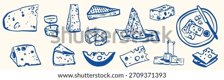 Doodle style cheese illustration set with wine glass and charcuterie pieces. Vector icons showing wedges, swiss slices, and gourmet dairy products in simple outline style