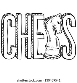 Doodle style chess illustration in vector format.  Includes text and knight chess piece sketch.