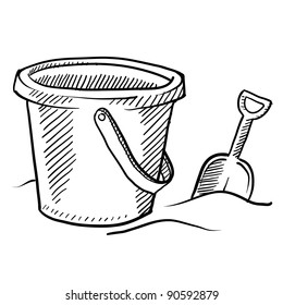 Doodle Style Children's Beach Sand Castle Bucket And Shovel In Vector Format