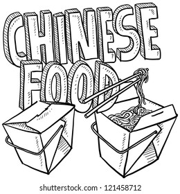 Doodle style Chinese food sketch, including text message, takeout boxes, chopsticks and noodles.  Vector format.