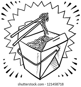 Doodle style Chinese food takeout boxes with chopsticks and noodles in vector format.