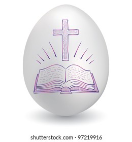 Doodle style Christian cross and bible sketch on decorated holiday Easter Egg in vector format