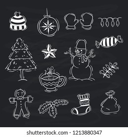 doodle style of christmas elements with cute character on chalkboard background