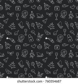 doodle style of christmas elements in seamless pattern on chalkboard background